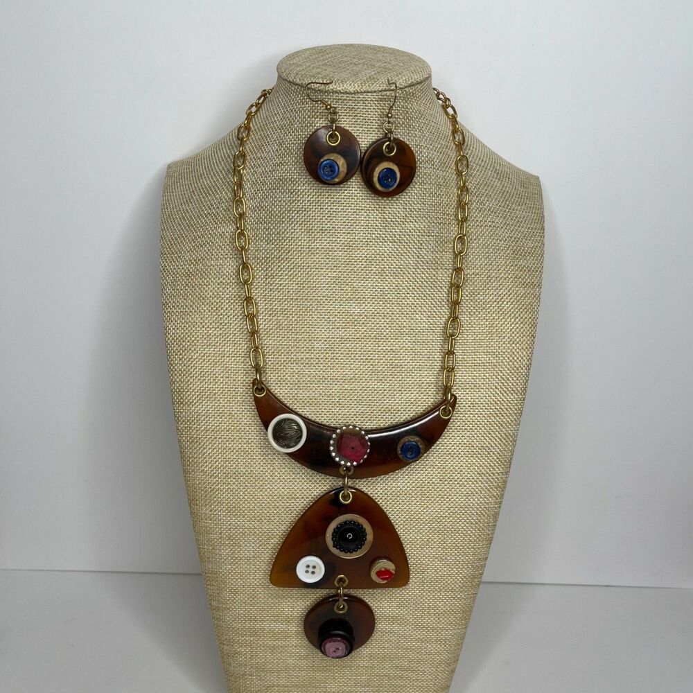 Vintage Handmade Necklace Lucite Pendant w/ Matching Earrings Buttons Marbled